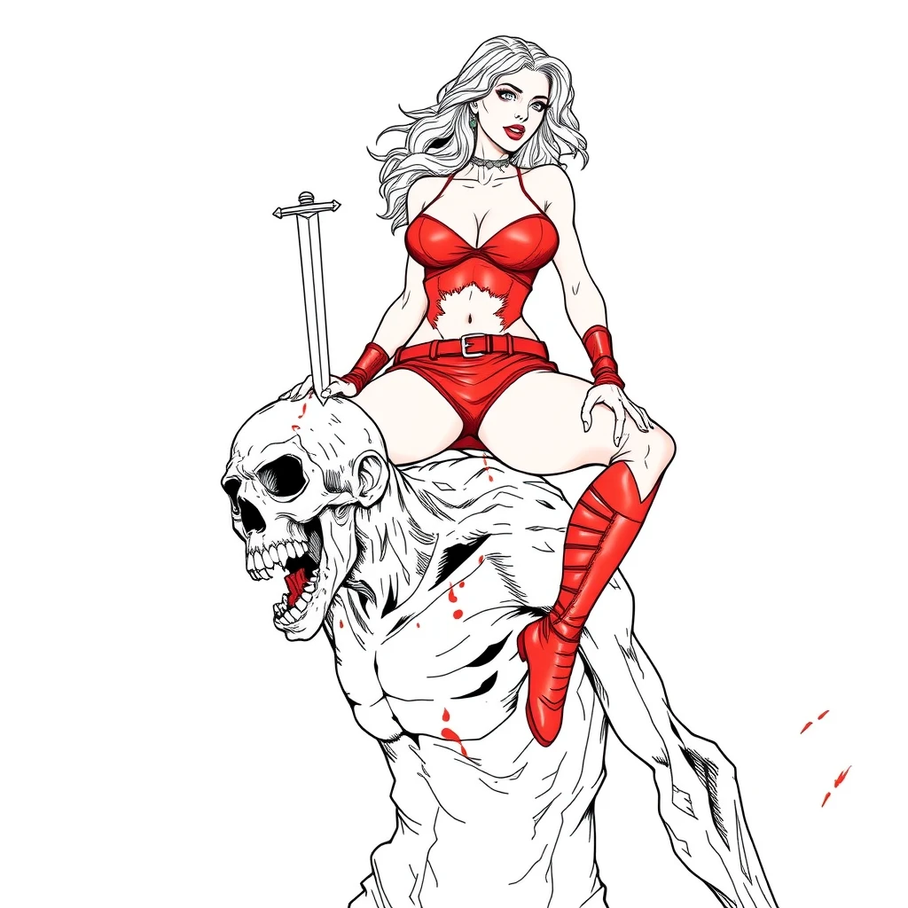 A tall mature woman in red sexy battle leather underwear rides on a zombie's shoulder with her legs open, she stabs the dagger into the zombie's head, line art.