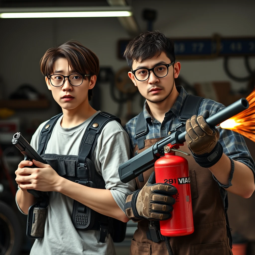 21-year-old white thin long-faced young adult northern Chinese man with a square chin, wearing square glasses, holding a pistol, "medium/long length hair," tactical chest rig; 21-year-old Caucasian Italian man wearing round glasses and short hair holding a very large fire extinguisher flamethrower, welding apron and gloves; garage setting; both angry.