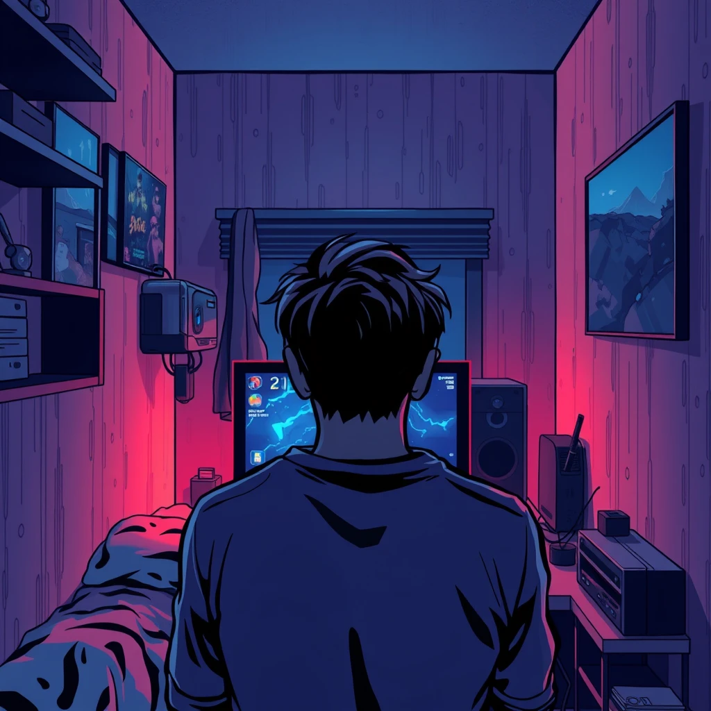 In a small room at night, a young man is facing away from the camera, playing a game on his computer in a cyberpunk comic style.