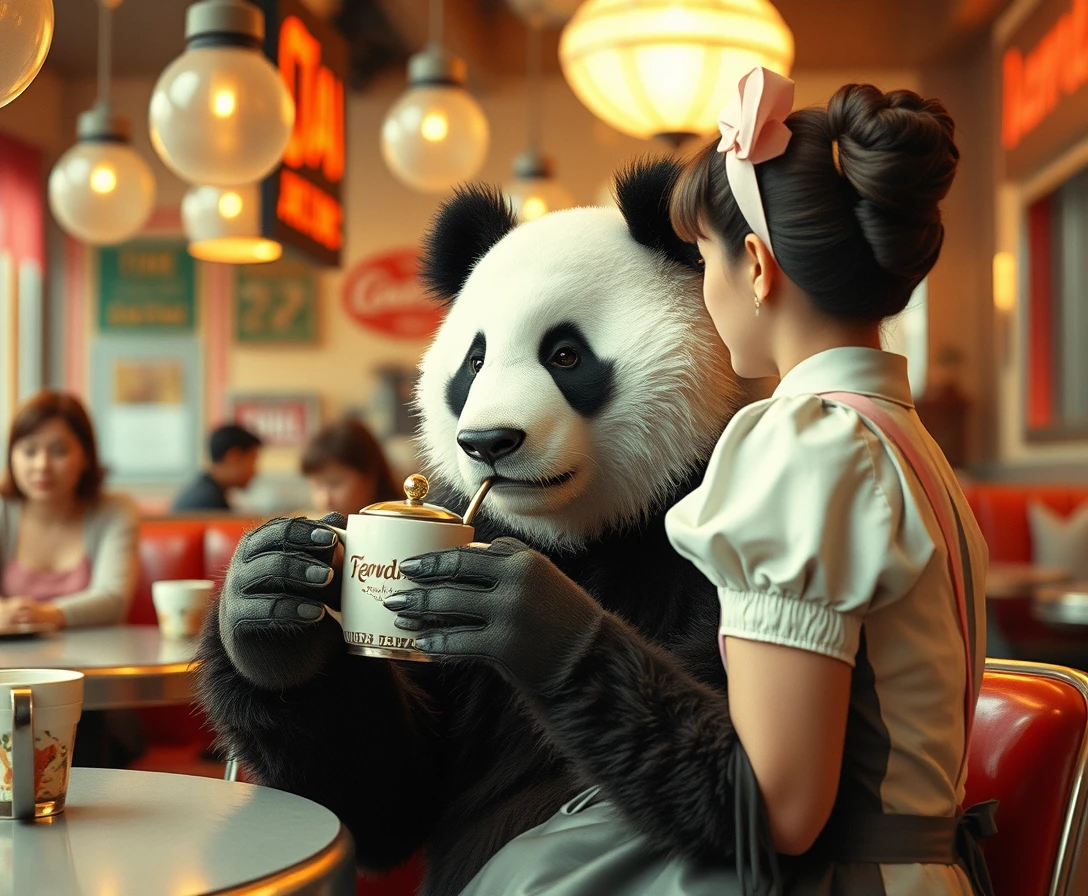 Panda at a busy 1950's diner drinking tea, waitress, highly detailed, photorealistic, 35mm lens.