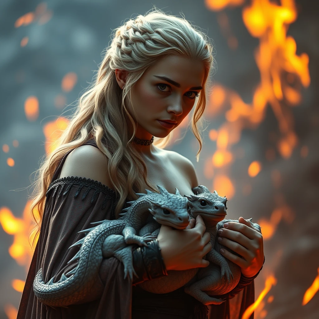 Photorealistic Khaleesi who just emerged from the fire with her newborn baby dragons, shot with 50mm. - Image