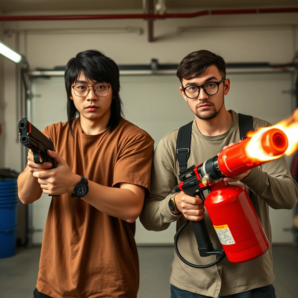 21-year-old northern Chinese man with long black hair mullet, square glasses, holding a Glock; 21-year-old white Italian man with round prescription glasses and short hair holding a very large fire extinguisher flamethrower; garage setting; both angry; murderous intent.