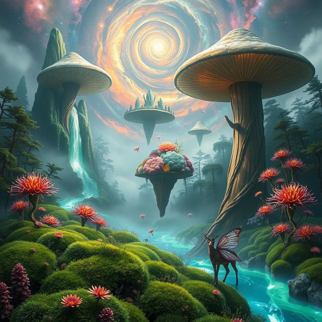 Otherworldly nature scene: Giant bioluminescent mushrooms tower over a misty alien forest. Crystal rivers flow upwards, defying gravity. Floating islands covered in impossible rainbow-colored plants hover in the sky. Ethereal creatures with butterfly wings and deer-like bodies graze on glowing moss. The sky is a swirling vortex of nebulas and distant galaxies. - Image