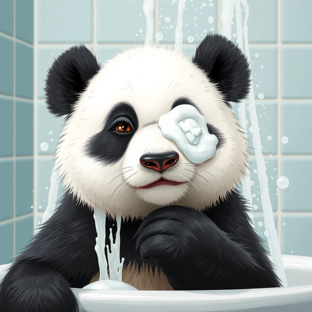 A panda is taking a shower and accidentally put soap in one eye.