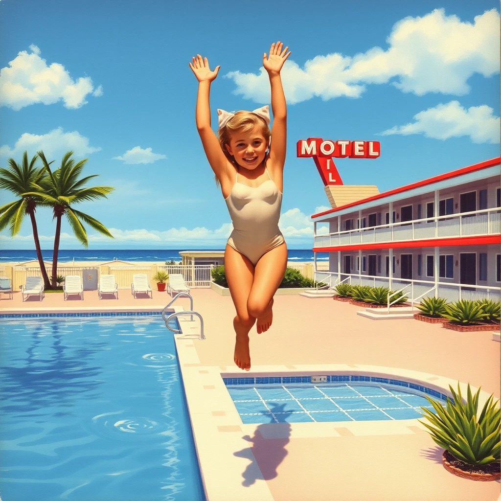 A Miami Beach postcard featuring a girl in a one-piece swimsuit, diving into a motel swimming pool, from 1956, as painted by Arthur Sarnoff, wide, landscape view.