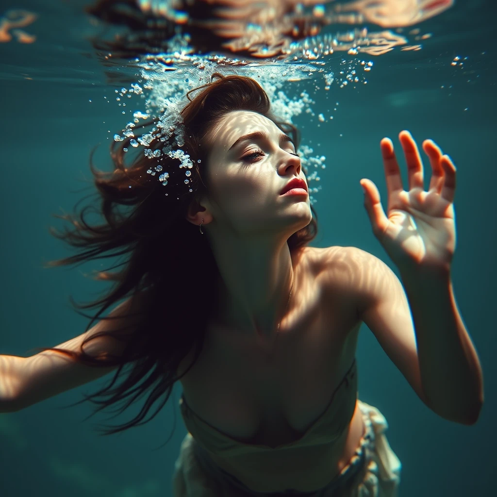 A symbolic portrait: A young woman dancing underwater. Life and sensitivity. Youth and sexuality.