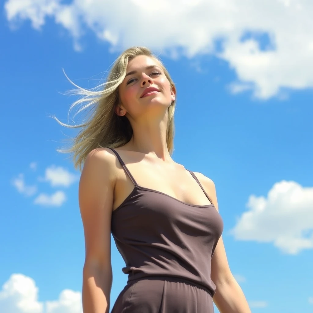 A serene, blissful scene of a young woman in a form-fitting romper. The scene feels real and unpolished, informal. The subject has natural beauty, authentic imperfections; counter to the plastic surgery so often seen. A few strands of light blonde frame the sides of her eyes. The fluffy clouds decorate the clear blue sky. The breeze teases. She blushes with the sensitivity of life against her delicate pale skin. - Image