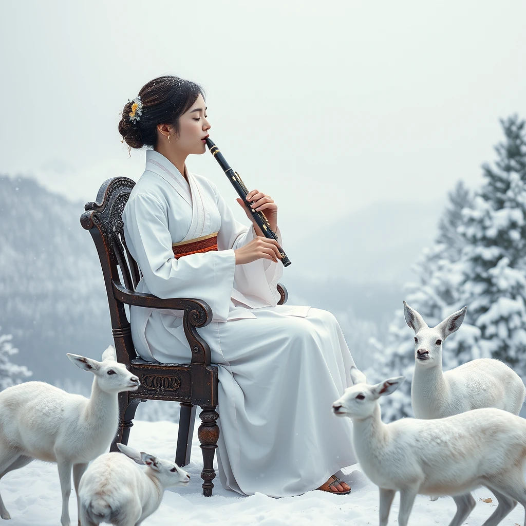 A gorgeous female oboe player in a white hanbok sits on an antique chair at a snow-covered mountain peak, playing the oboe with her eyes closed. Heavy snow is falling around her, with snow-laden trees lining the background. The white deer and hares are around the oboist to listen to the music. It's a serene winter afternoon. Hyperrealistic. - Image