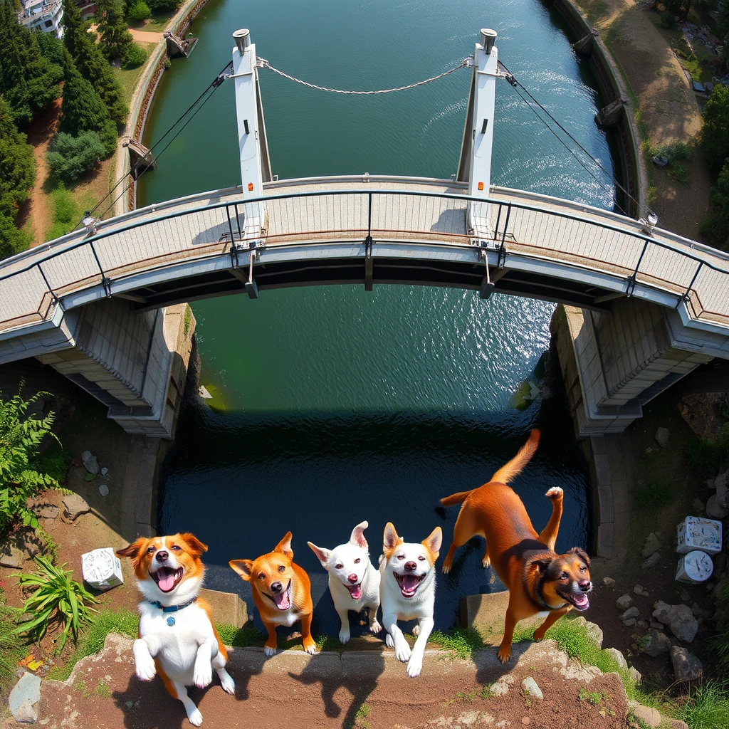 From a high angle, the newly repaired bridge stands proud with Leo, Bella, Daisy, Squeaky, and Sly celebrating below, their joy evident in their animated movements. - Image