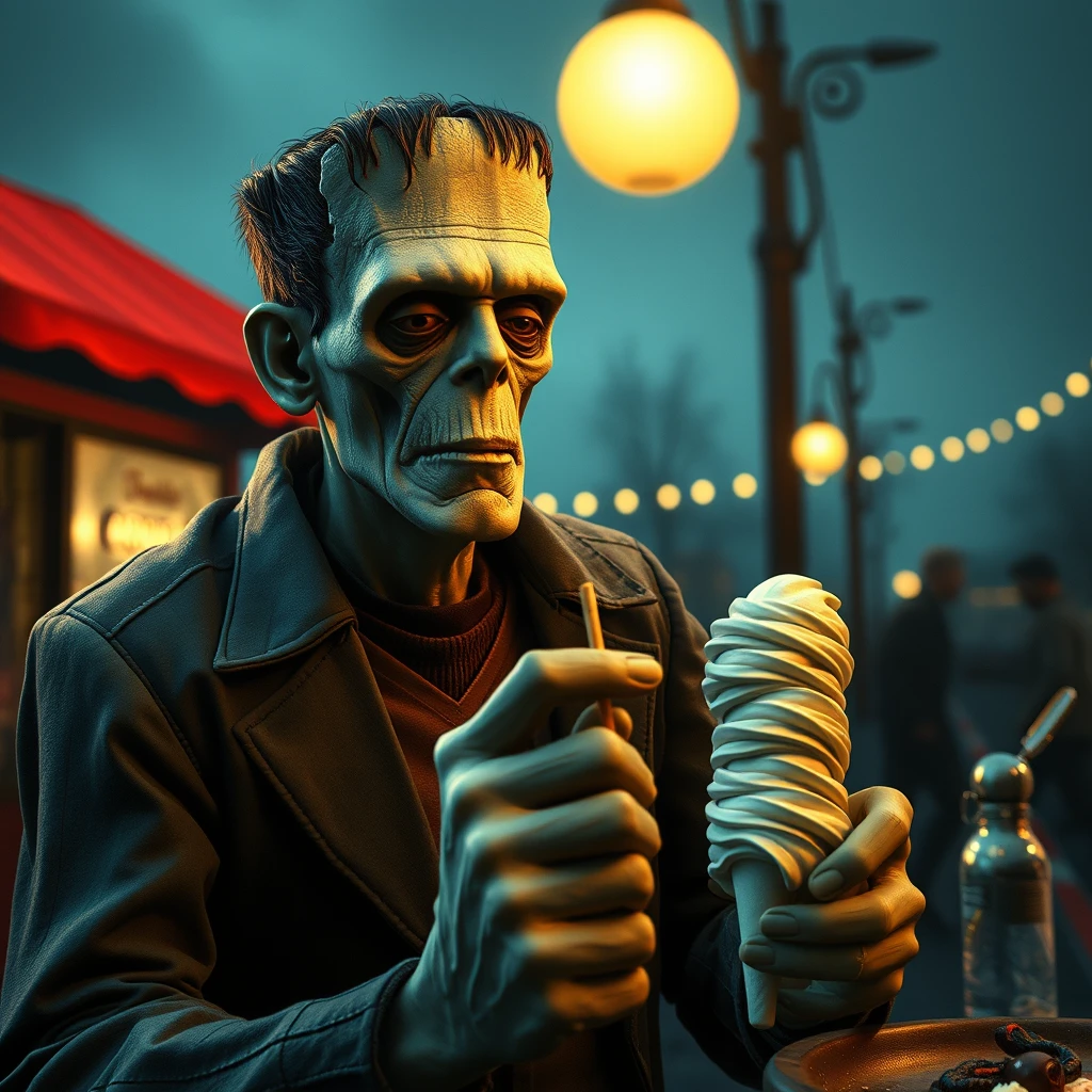 Frankenstein getting ice cream, 4k, realistic.