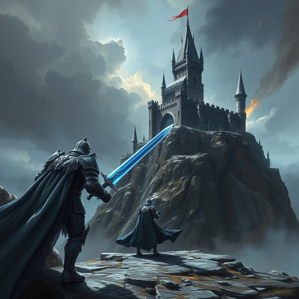 A fierce knight holding a sapphire sword approaches a battered castle on a cliff in a dark fantasy style.