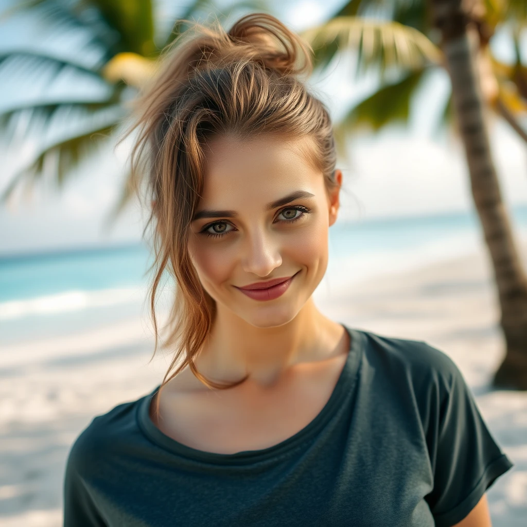 closeup portrait photo of a woman, posing on a tropical beach, wearing a t-shirt, photo-realistic, candid celebrity shots