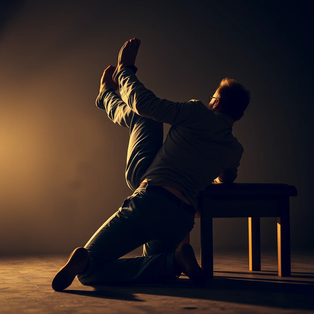 "A man kneeling on the ground, another man casually resting his legs on his back as if using him as a footstool, dramatic lighting, high detail, cinematic composition."