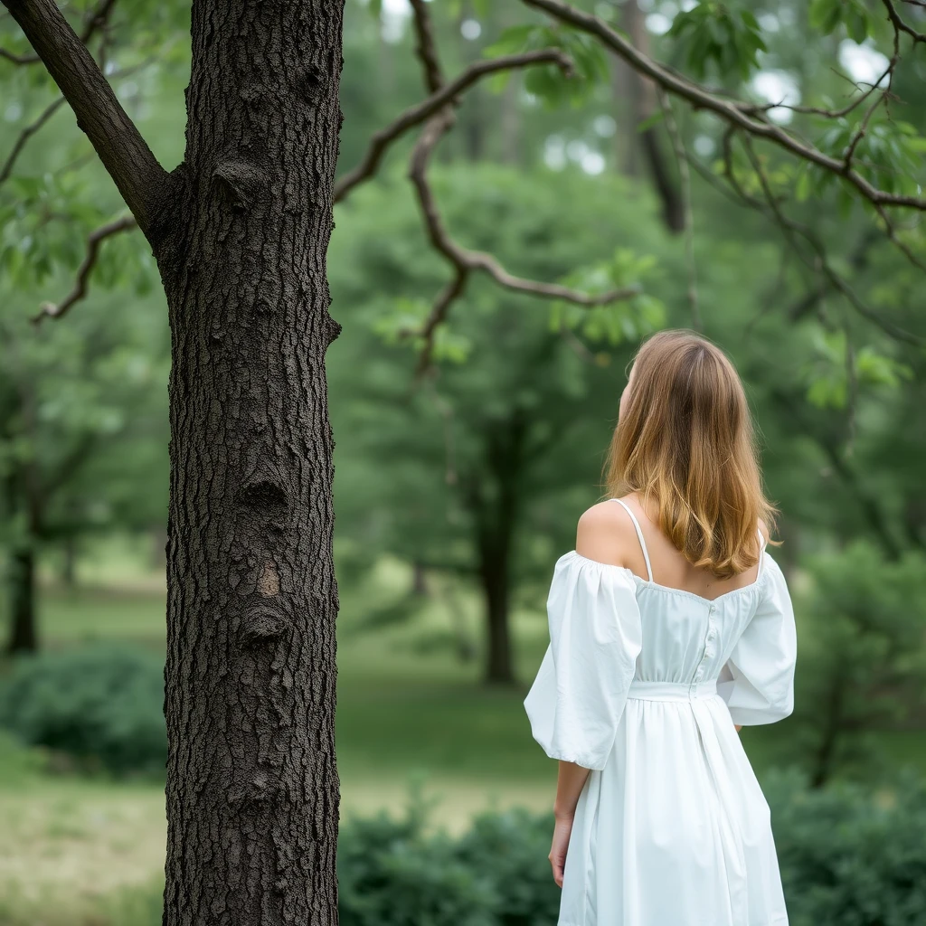 a woman with white dress looking at the tree - Image