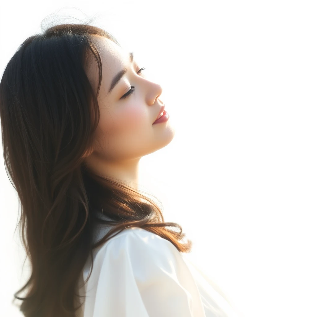 A serene, blissful scene of a young woman in a white dress. - Image