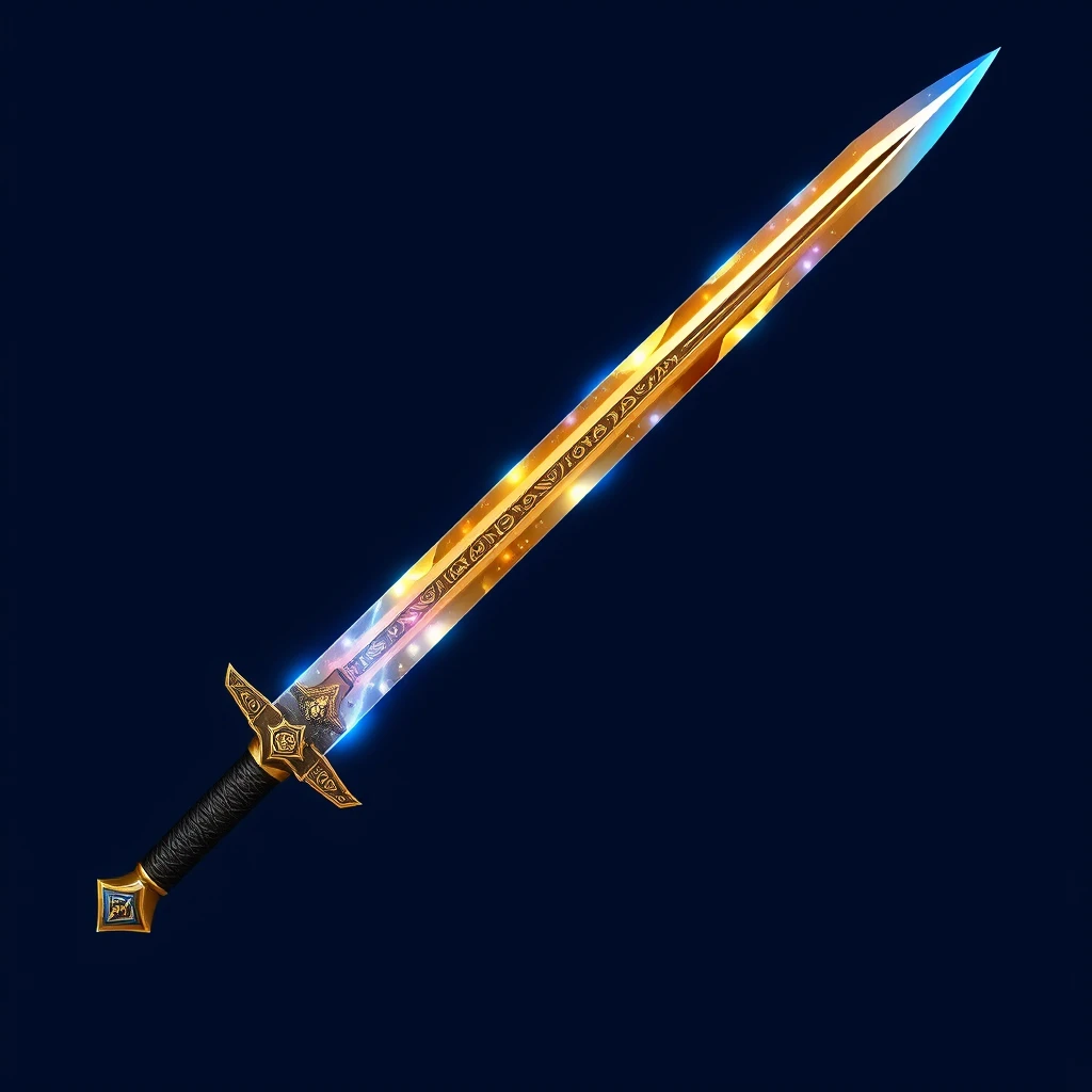 A single beautiful blue and white colored electric king god slayer sword. The sword is positioned diagonally across the image, with the hilt in the bottom left corner and the sword tip in the top right corner. The blade is made of shining gold crystal, giving it a radiant, magical appearance. Intricate engravings along the blade suggest ancient runes or symbols of power. The hilt is crafted with a mixture of materials, showcasing elegant craftsmanship. The entire sword has a cutout effect, isolated on a plain background, emphasizing its mystical and powerful presence, ultra realistic, hd 4k 8k. - Image