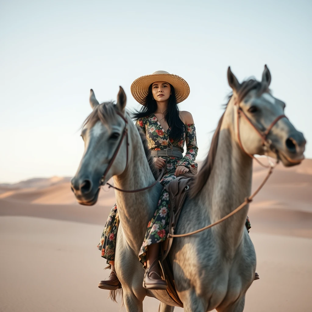 a women wearing big hat and riding a grey horse,floral clothes，in desert on dune,black hair - Image