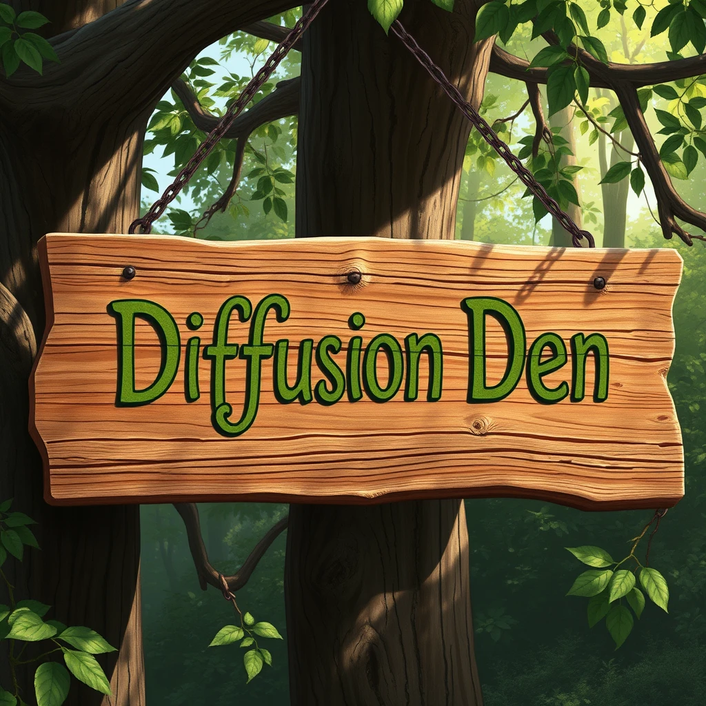 A rustic wooden signboard with "Diffusion Den" carved intricately into the surface, each letter filled with a mossy green paint. The sign hangs from an aged oak tree using iron chains, surrounded by a tranquil woodland setting. Painted in a realistic yet slightly whimsical style, akin to early 20th-century illustrators. Morning sunlight filters through the dense foliage, casting delicate shadows of leaves and creating a serene, inviting atmosphere. Hints of dew glisten on the wooden texture, enhancing the fresh, earthy mood.