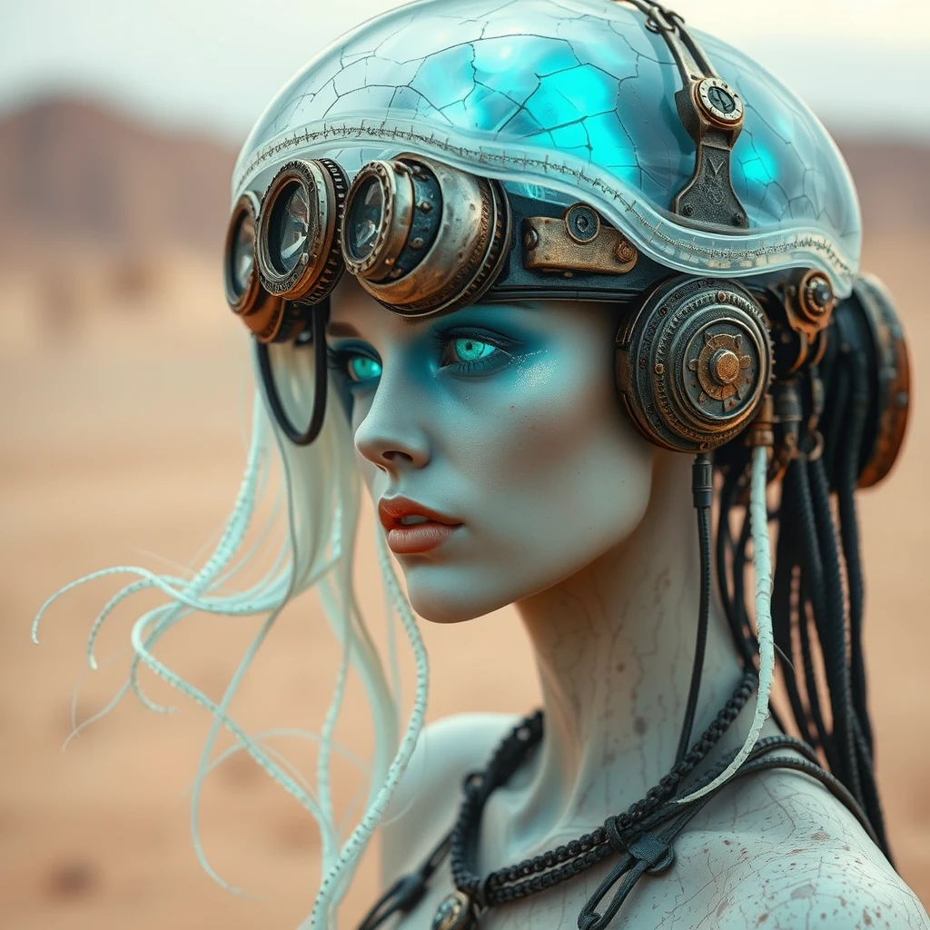 Ethereal cyborg woman, bioluminescent jellyfish headdress. Steampunk goggles blend with translucent tentacles. Cracked porcelain skin meets iridescent scales. Mechanical implants and delicate tendrils intertwine. Human features with otherworldly glow. Dreamy aquatic hues contrast weathered metal. Reflective eyes capture unseen worlds. Soft bioluminescence meets harsh desert backdrop. Fusion of organic and synthetic, ancient and futuristic. Hyper-detailed textures, surreal atmosphere. - Image