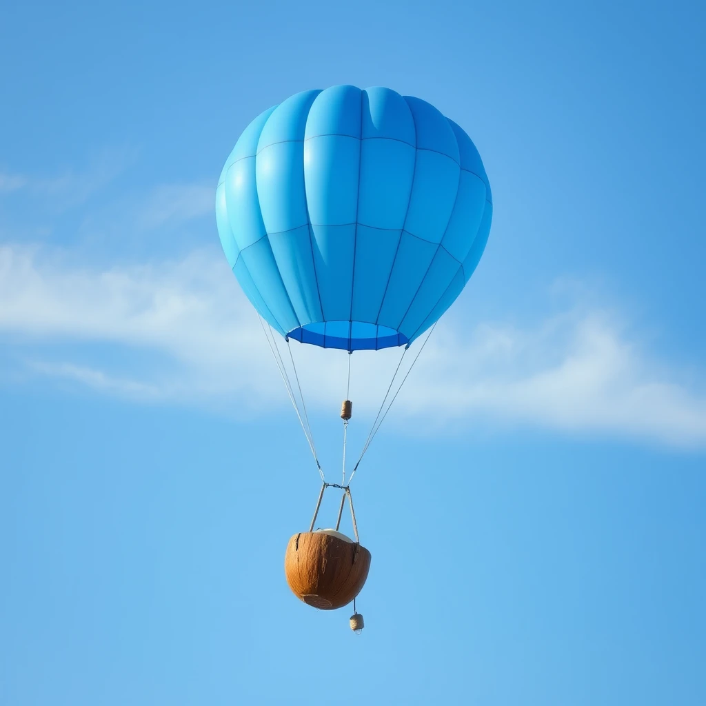 Blue hot air balloon. It flies into the sky, hanging from a short rope is a half coconut 🥥 and a small 🌴. - Image