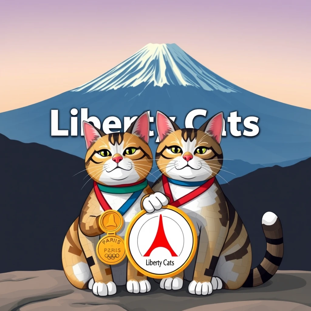 draw a pic with "Liberty Cats Congratulations chinese athletes " big text on the Mount Fuji backgroud,AND tow mosaic style cats  in front it together , carring a Paris Olympic gold medal  logo with text "Liberty Cats"
 - Image