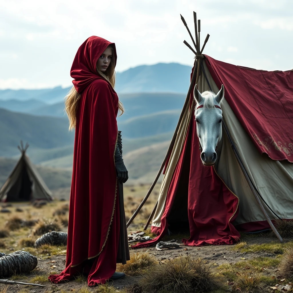 Total photo: Fantasy heroine with red cape without hood next to a small tent and white horse in the steppe, hills in the background.