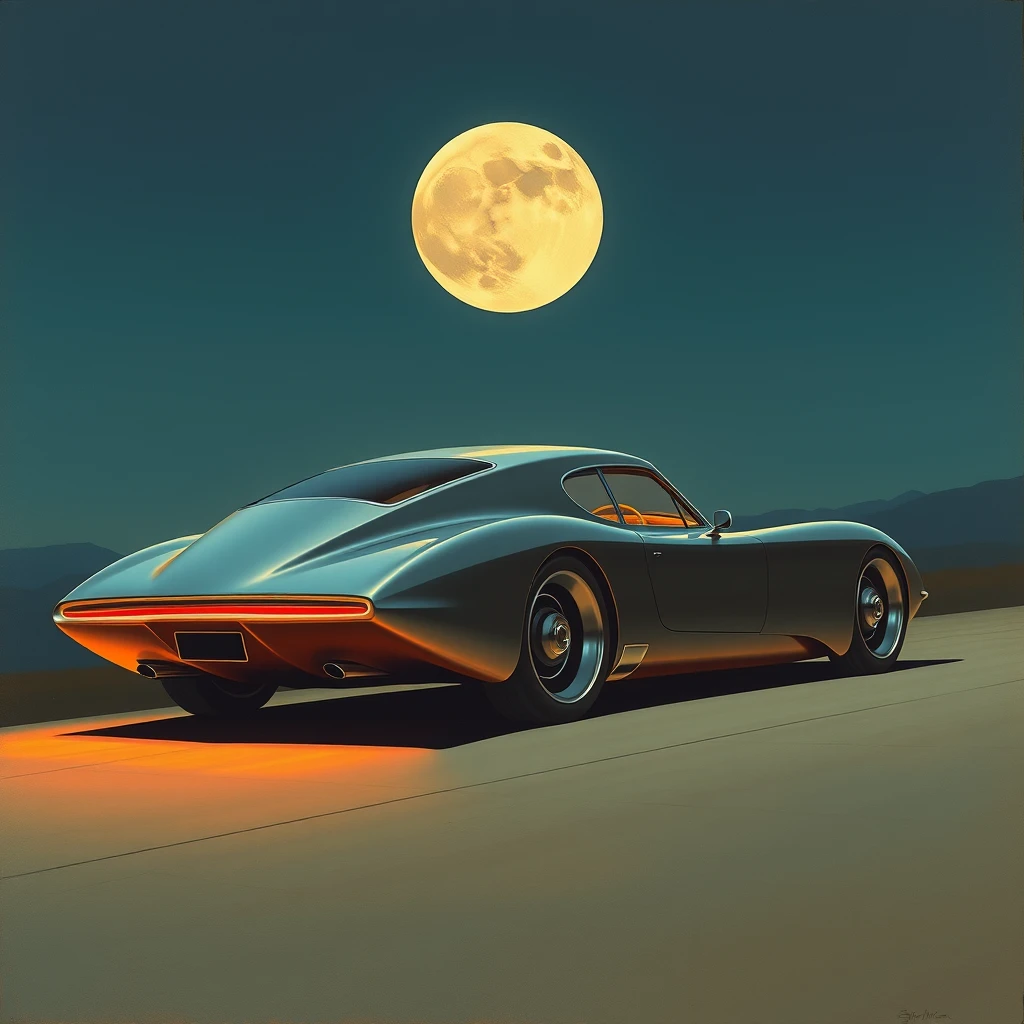 Corner view, a retro-futuristic sports sedan concept, a painting by Syd Mead, sleek, moon setting.