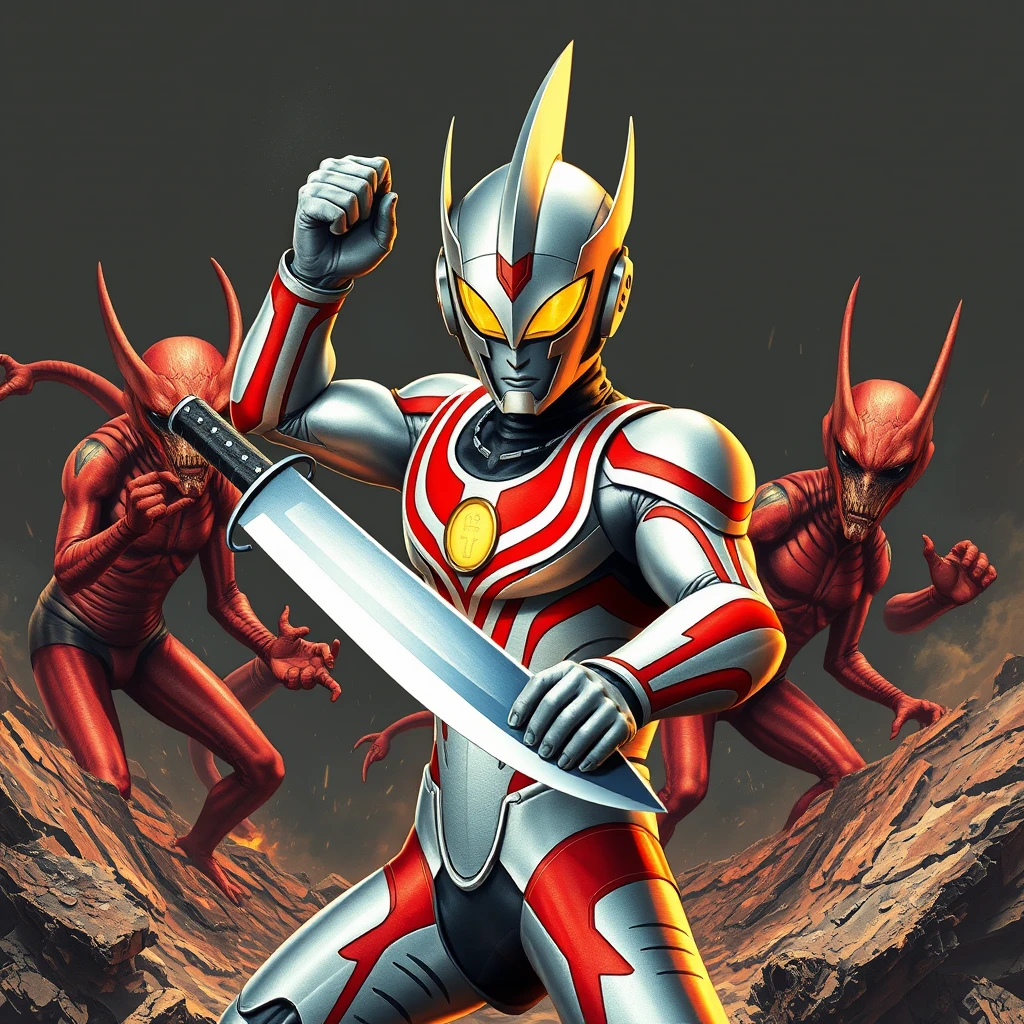 Ultraman, carton, fighting aliens with big knife - Image