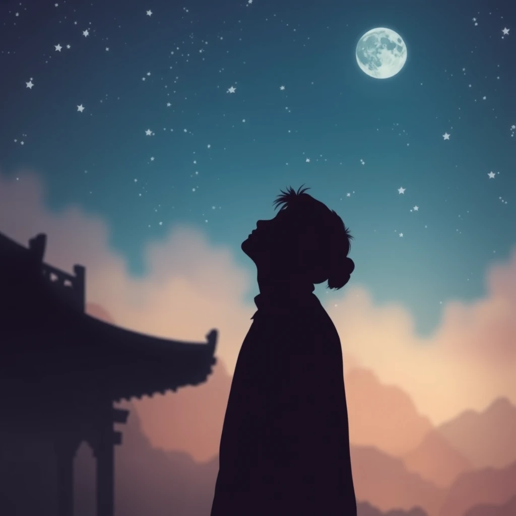 Silhouette of a person looking up, ancient stars, misty time layers, Chinese ancient style, minimalistic, moonlight tint. - Image