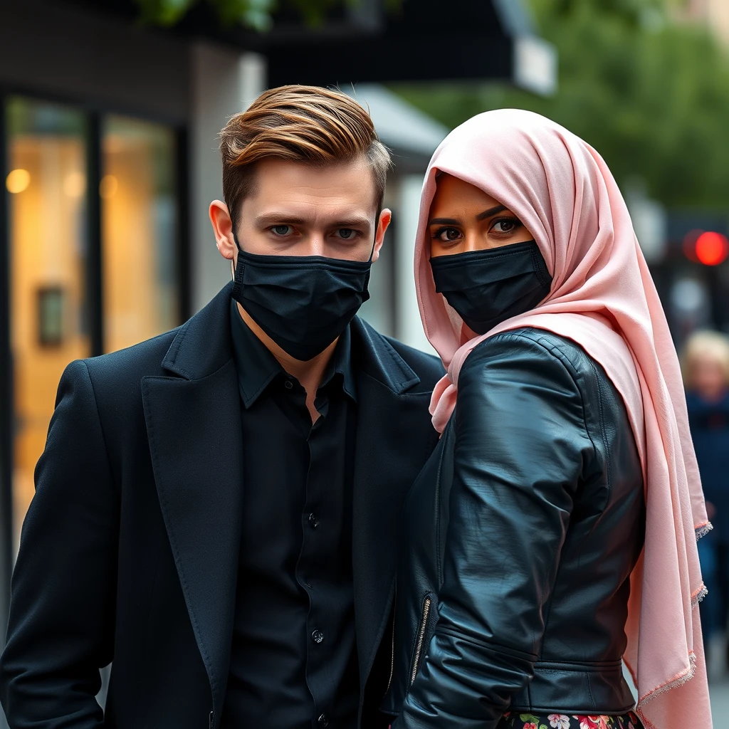 Jamie Dornan's head and body shot, handsome, young, black face mask, unbuttoned black coat suit, dating love with the girl wearing the biggest soft pink hijab, beautiful eyes, black leather jacket, black face mask, biggest floral skirt, hyper-realistic, street photography.