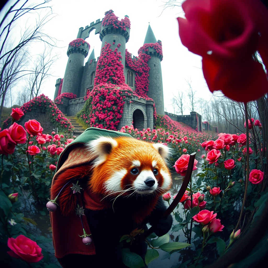 90s aesthetic photo: red panda dressed as Robin Hood in front of a ruined castle covered in roses in a swamp, a stock photo by Eszter Mattioni, featured on Pinterest, art photography, anamorphic lens flare, grainy photo, soft light, shallow depth of field.