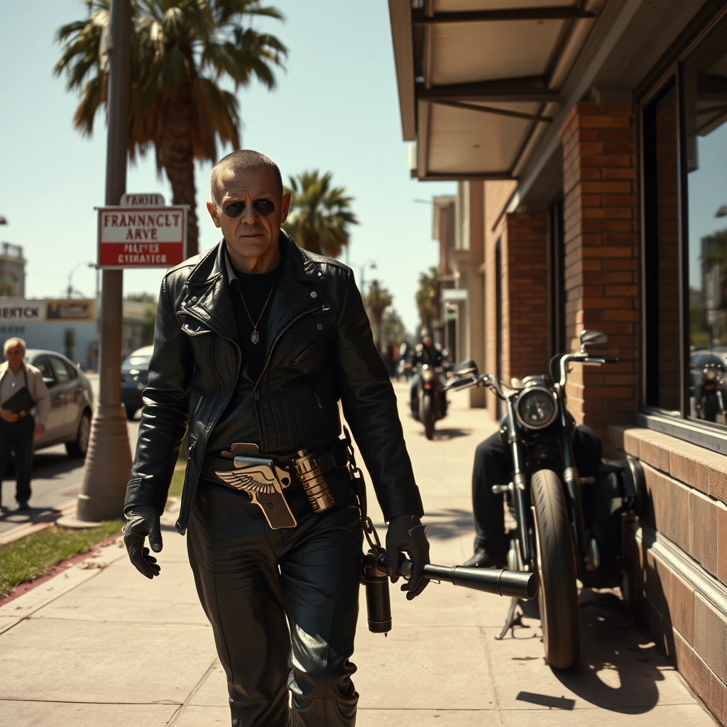 Boris Karloff as Frankenstein the Hells Angels biker walks down the sidewalk, dressed in leather, wearing a cowboy pistol belt, the noonday sun is bright, photo-realistic, leering, aggressive, 4k.