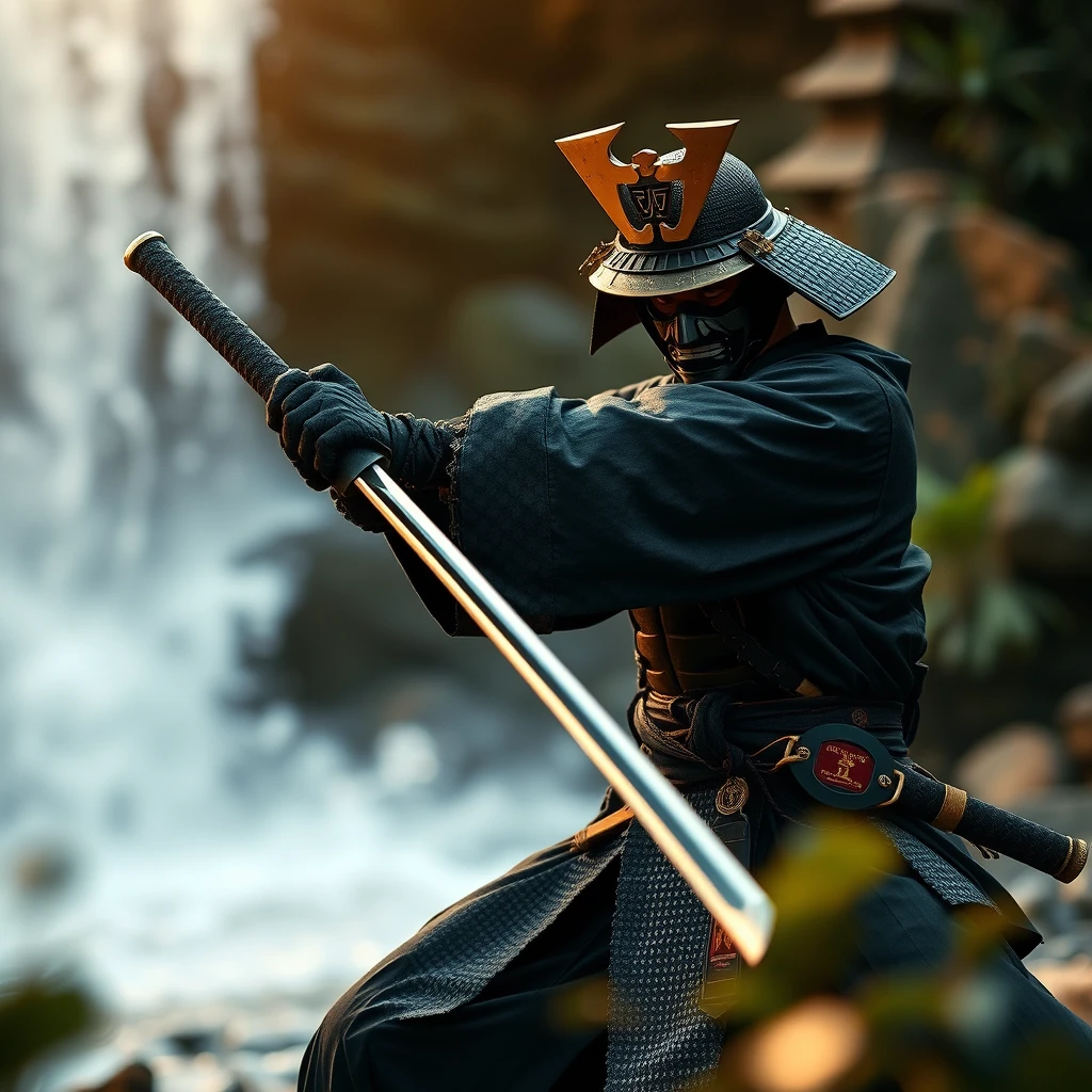 an aggressive samurai swinging his katana, at waterfall, bokeh, foreground blur, golden hour, intricate detail.