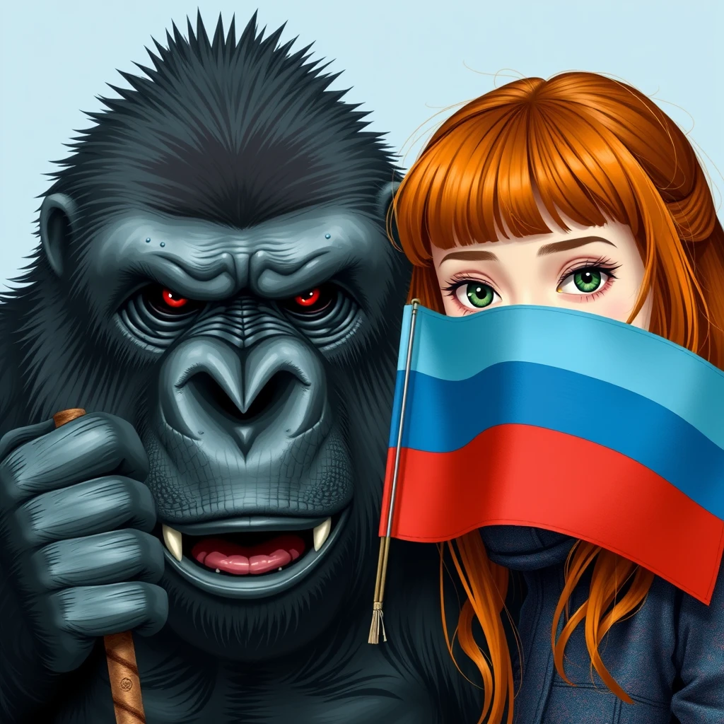 Fierce gorilla holding a three-striped flag in light blue, white, and light blue colors next to a cute ginger-haired Russian teenage girl with green eyes and bangs.