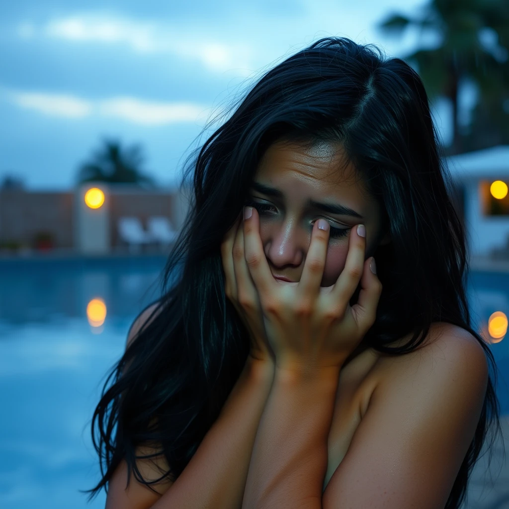 Young woman standing near the pool, long black hair, olive skin, crying with her face in her hands, rainy day, dusk.