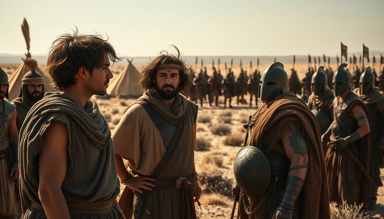 A young man with messy hair is protesting at a middle-aged man. The young man is dressed in ancient biblical shepherd's attire. The middle-aged man is dressed to look like a Mesopotamian soldier king. The young man stands apart from the middle-aged man. Both men are surrounded by a diverse group of men in ancient Israelite bronze age soldier armor. In the background are Bedouin tents pitched on a desert shrub land. In the distant horizon stands another army armed and ready to fight. Dramatic lighting. - Image