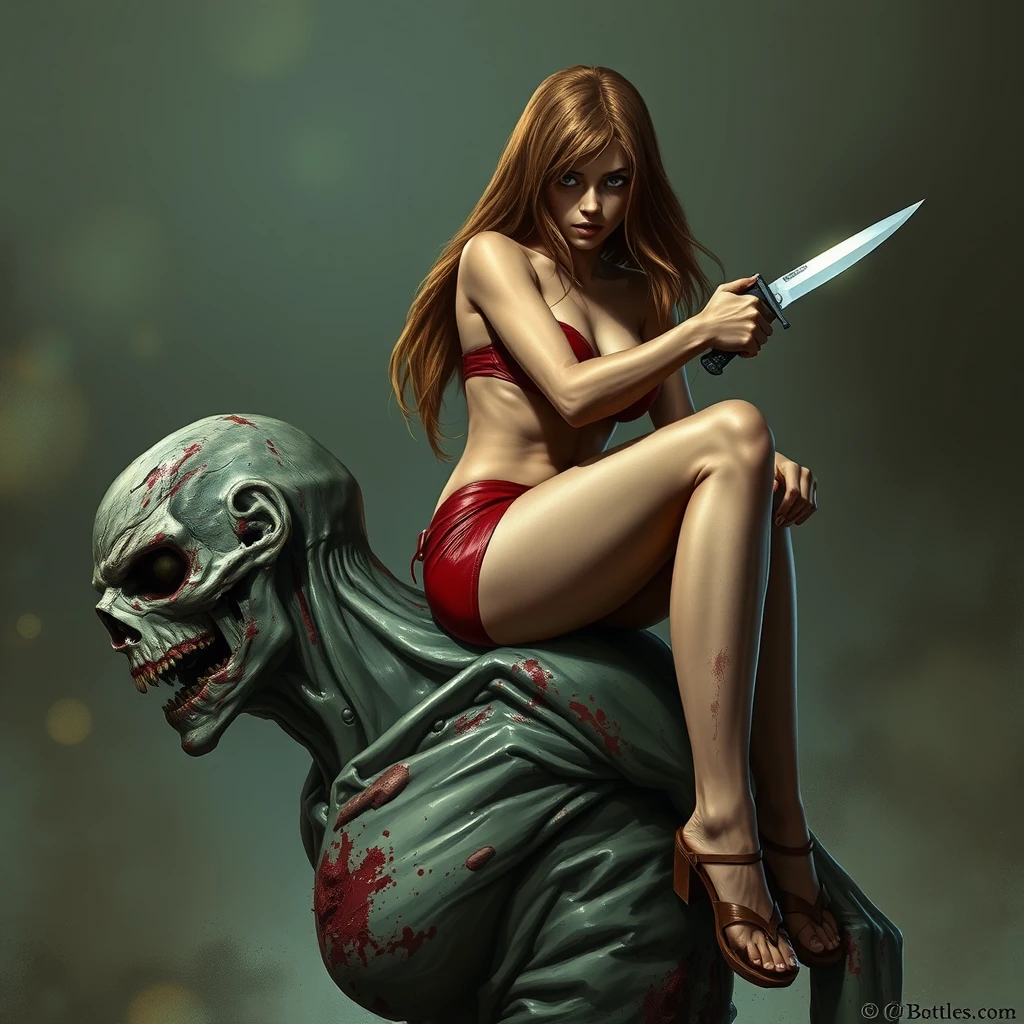 A girl in red sexy battle leather underwear sits on a zombie's shoulder, holding a knife and ready to kill him. - Image