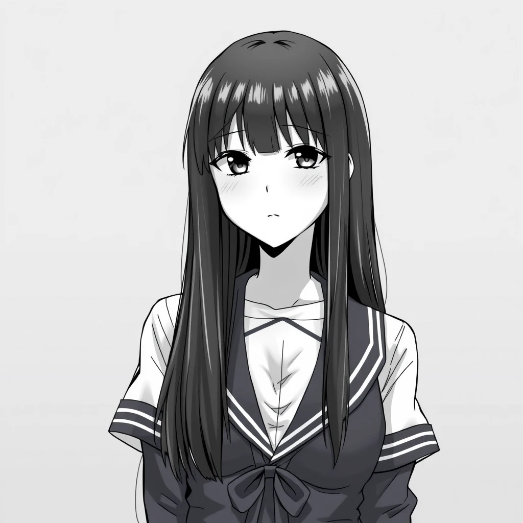 Girl with long, straight, black hair, tall, slim, average breast size, 20 years old, wearing a school uniform. Full body, manga style, grayscale. - Image