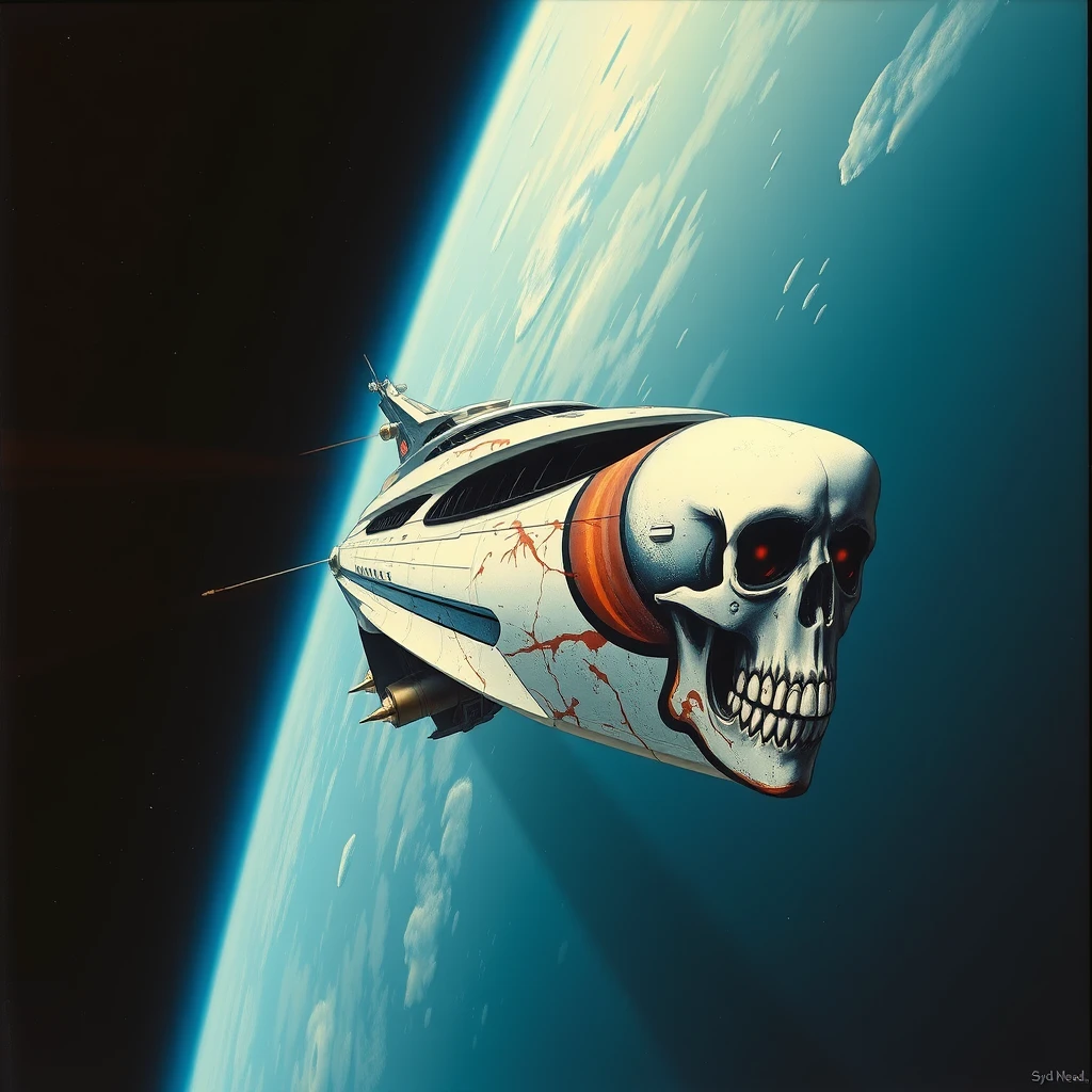 Near wide shot, a space-yacht concept, in low Earth orbit, a painting by Syd Mead, sleek, futuristic, a full-length mural depicting a screaming skull decorates the side, scorched paint, blast marks. - Image