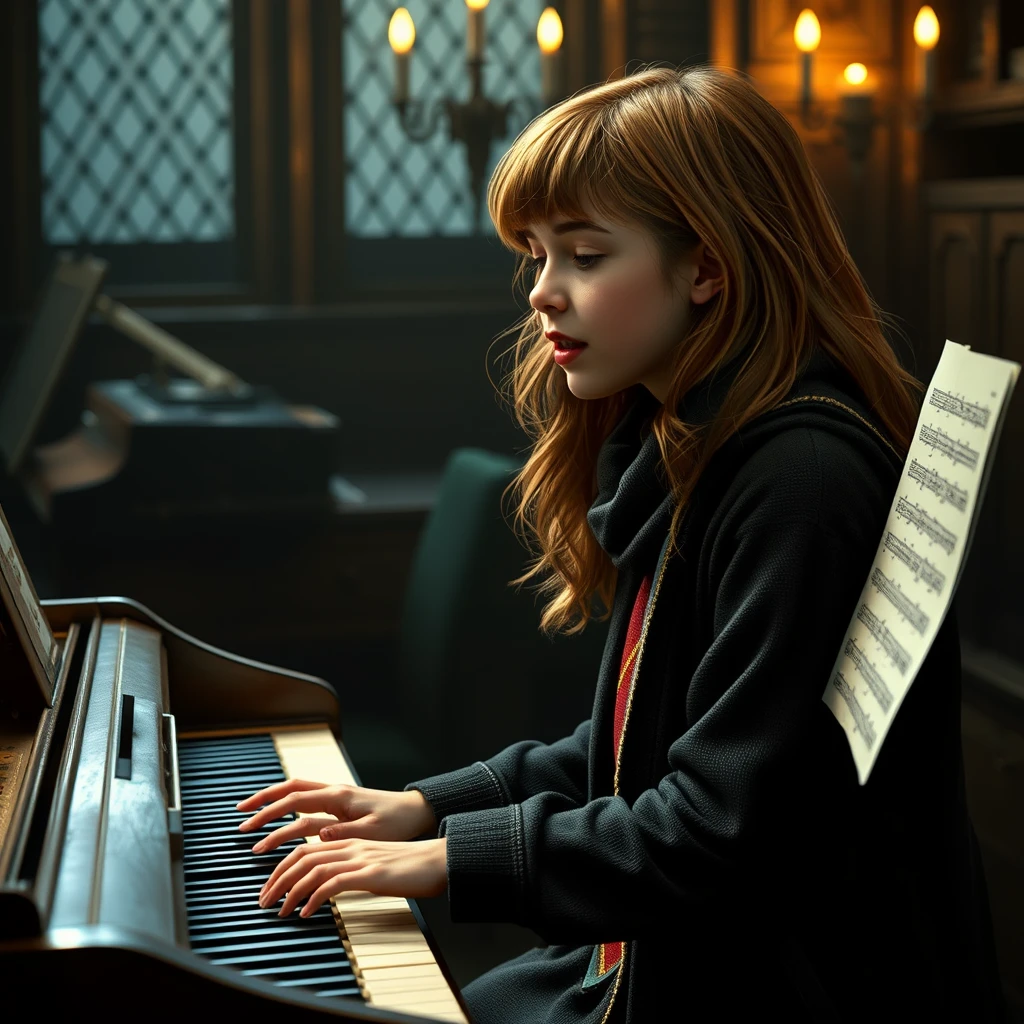 Photo realistic: Hermione Granger sings, at the piano Harry Potter.