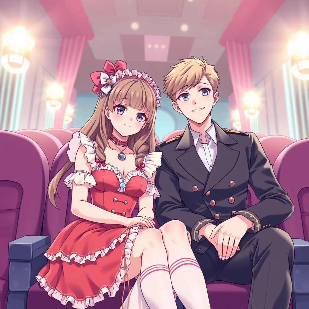 anime lineart, Beautiful girl dressed in Lolita costume and handsome tall boyfriend, sit in cinema - Image