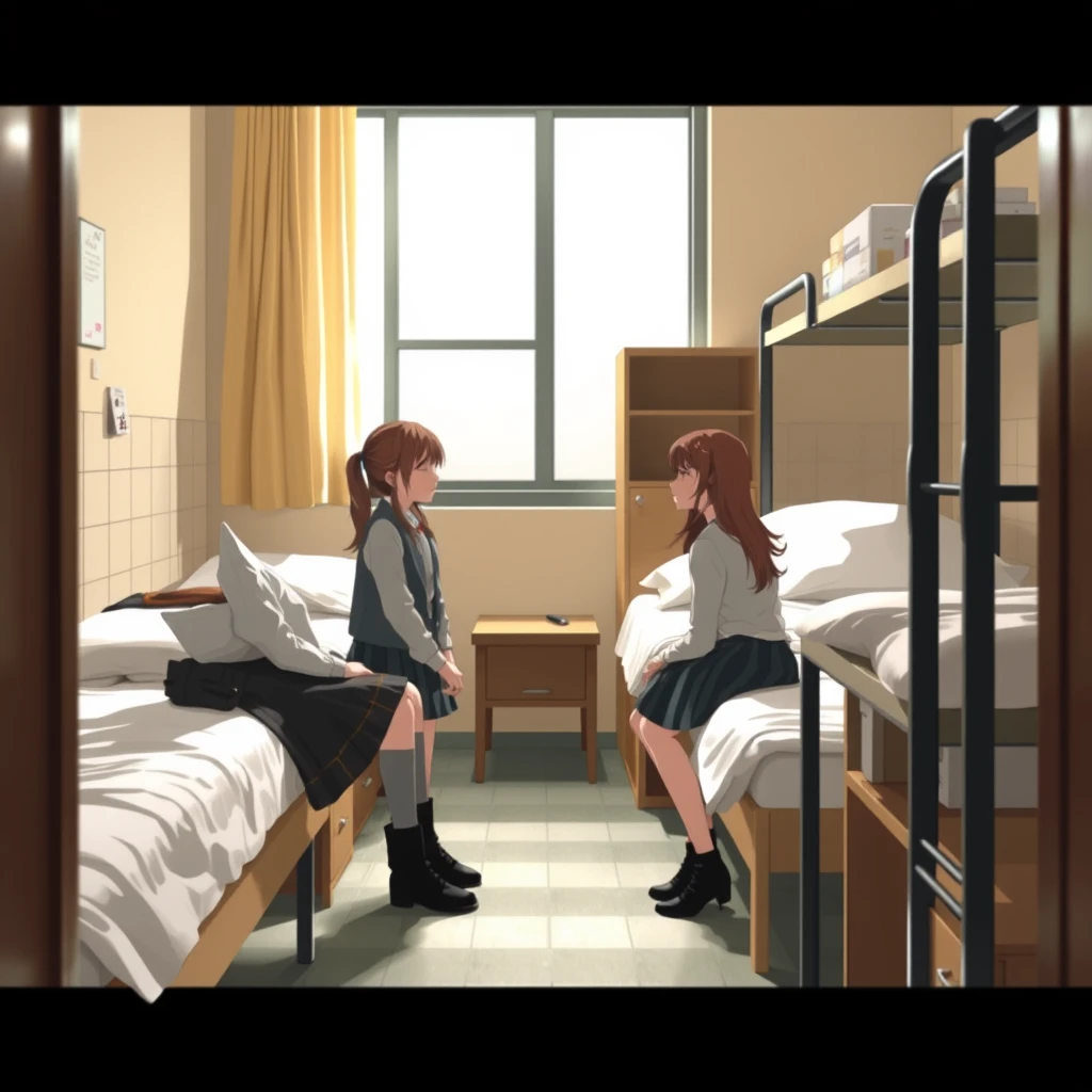 In the girls' dormitory, two female students are chatting.