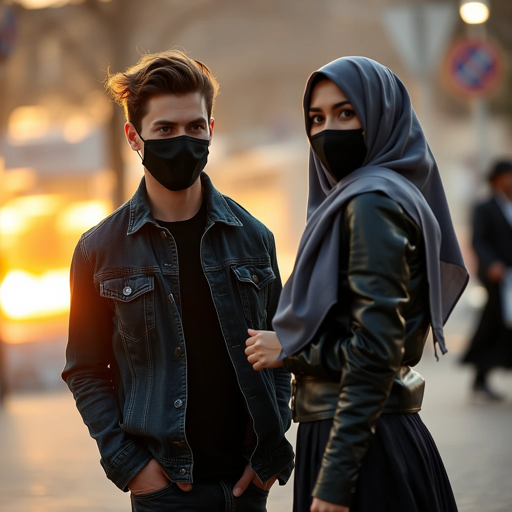 Jamie Dornan's head and body shot, handsome, face mask black, jeans jacket, jeans, dating, love couple, with biggest grey hijab Muslim girl, face mask black, beautiful eyes, black leather jacket, biggest skirt, taking picture, camera dslr canon, sunset, hyper realistic, street photography. - Image