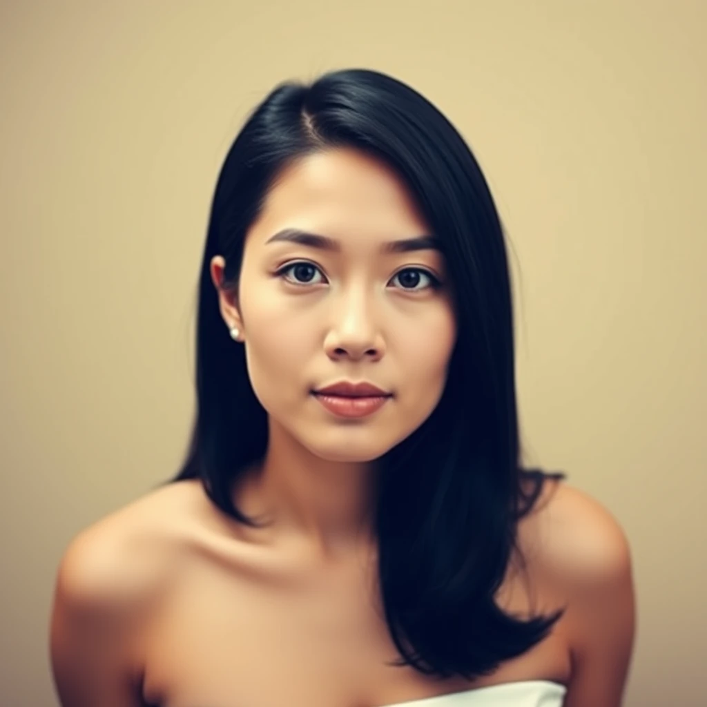 A woman with dark hair is captured in a portrait against a beige background, wearing a strapless white dress that accentuates her figure. Generated in.