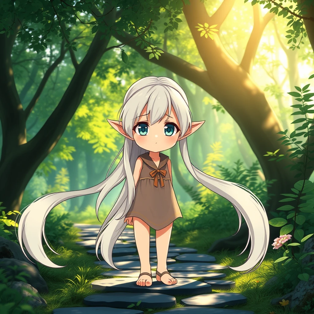 A beautiful anime-style depiction of an elf girl with long, white twin tails, large eyes, and pointed ears, standing on a stone path in a tranquil forest. Her facial features are delicate and youthful, with a serene expression. The lush green forest background with dappled sunlight and vibrant colors enhances the peacefulness. Soft lighting and detailed foliage add to the serene atmosphere. Clean lines, expressive visuals, hd quality, natural look --ar 4:3 --style raw --stylize 300 - Image