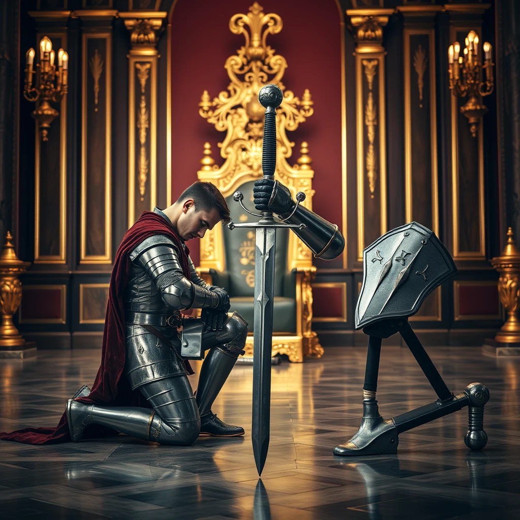 The photograph, expertly composed and dramatically lit, captures a handsome, powerfully built knight in full medieval armor, kneeling on one knee before a gleaming golden throne within a palatial hall. His head is bowed in deference, and his strong hands, encased in gauntlets, offer up his sword hilt-first, a gesture of respect and fealty. The image evokes a sense of chivalry, honor, and the solemn weight of tradition.