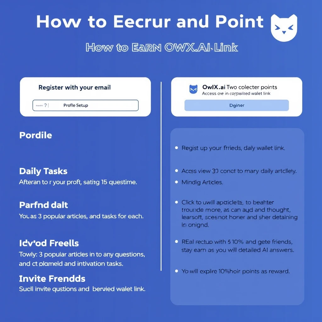 OwlX.ai offers two registration options:  
Register with your email  
And Register via wallet link

How to Earn OwlX.ai Points

Profile Setup  
After logging in, set up your profile to complete daily check-ins, daily tasks, and invitation tasks.

Daily Tasks  
You can ask up to 5 questions daily, earning 10 points for each. Access the AI Q&A interface to ask questions and get answers about any crypto project and related information.

Reading Articles  
Read 3 popular articles daily. To quickly grasp the content, OwlX.ai provides a Mind Map feature. Click to view the Mind Map for a better understanding of the articles. You can also interact with the articles and share your thoughts. If you wish to explore more, click on related questions below to get detailed AI answers.

Invite Friends  
Successfully invite friends and earn rewards when they collect points. You will receive 10% of their points as a reward. - Image