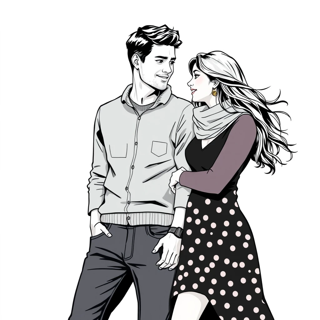 couple, daily, lifetime, full length, young, play, lineart - Image