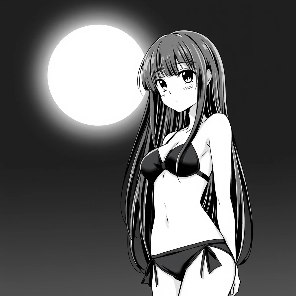 Girl with long, black hair in a black bikini. In the background, a black sky with a big, bright moon. Manga, grayscale. - Image