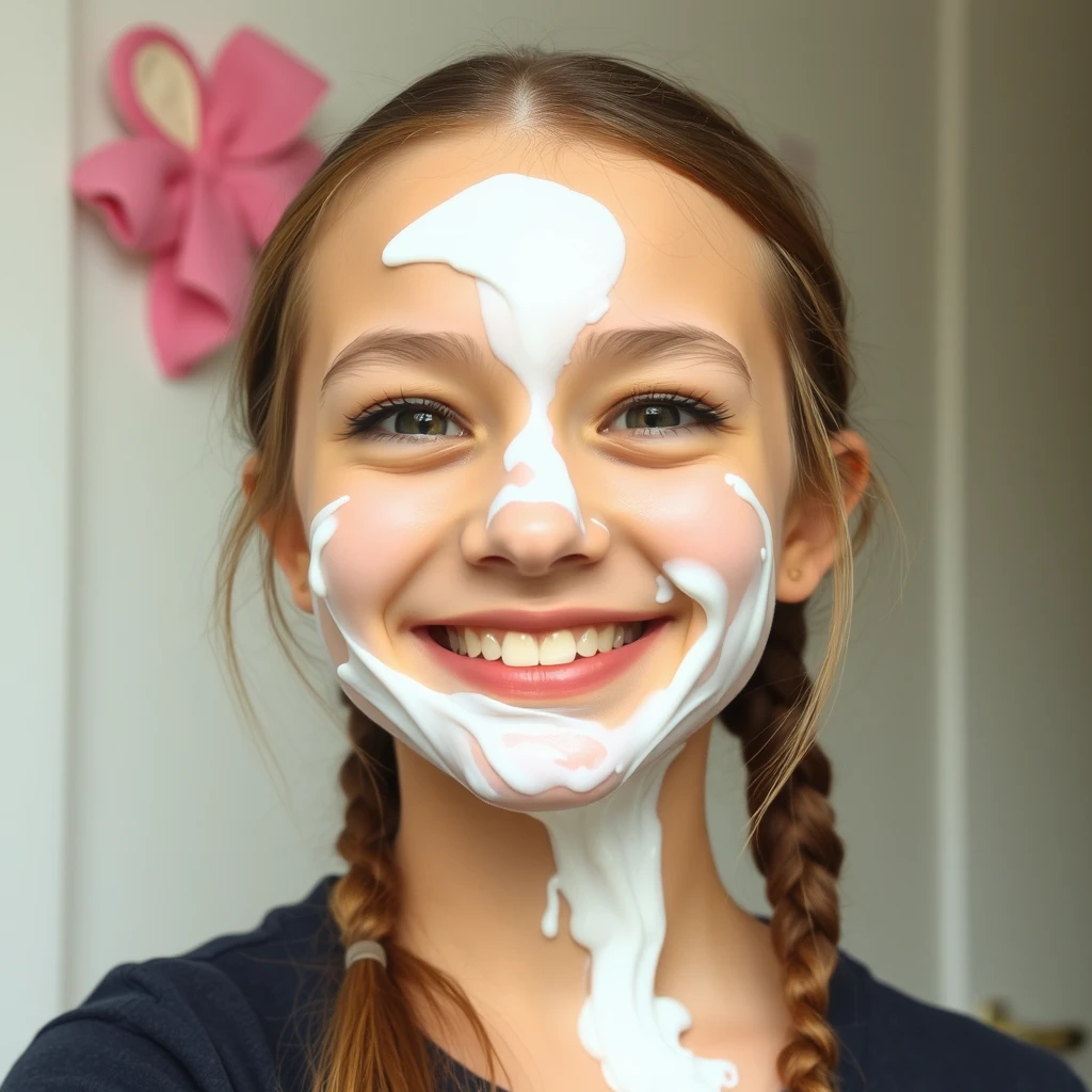 A girl smiles sheepishly after she accidentally spurts skincare cream all over her face and neck. - Image